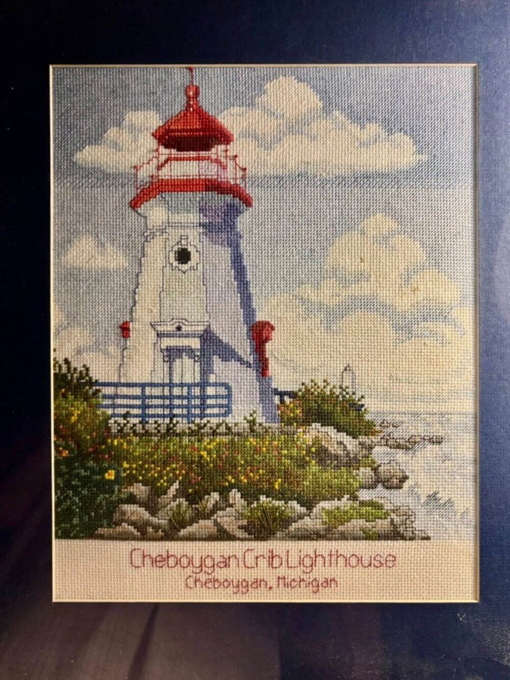 Framed Cross-Stitch Cheboygan Crib Lighthouse Artwork - Nautical Wall Decor - Picture 4 of 6